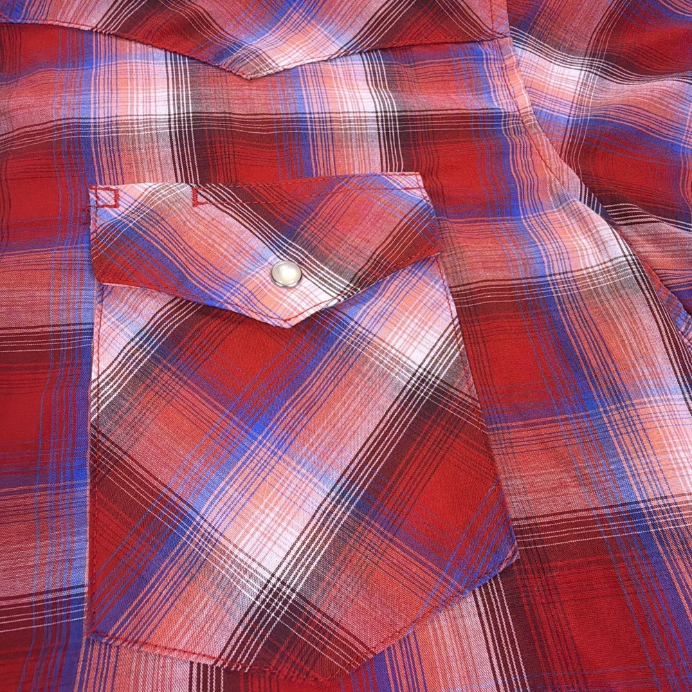 Wrangler Mens XL Red White & Blue Plaid Pearl Snaps Short Sleeve Button Up Shirt - Picture 5 of 8
